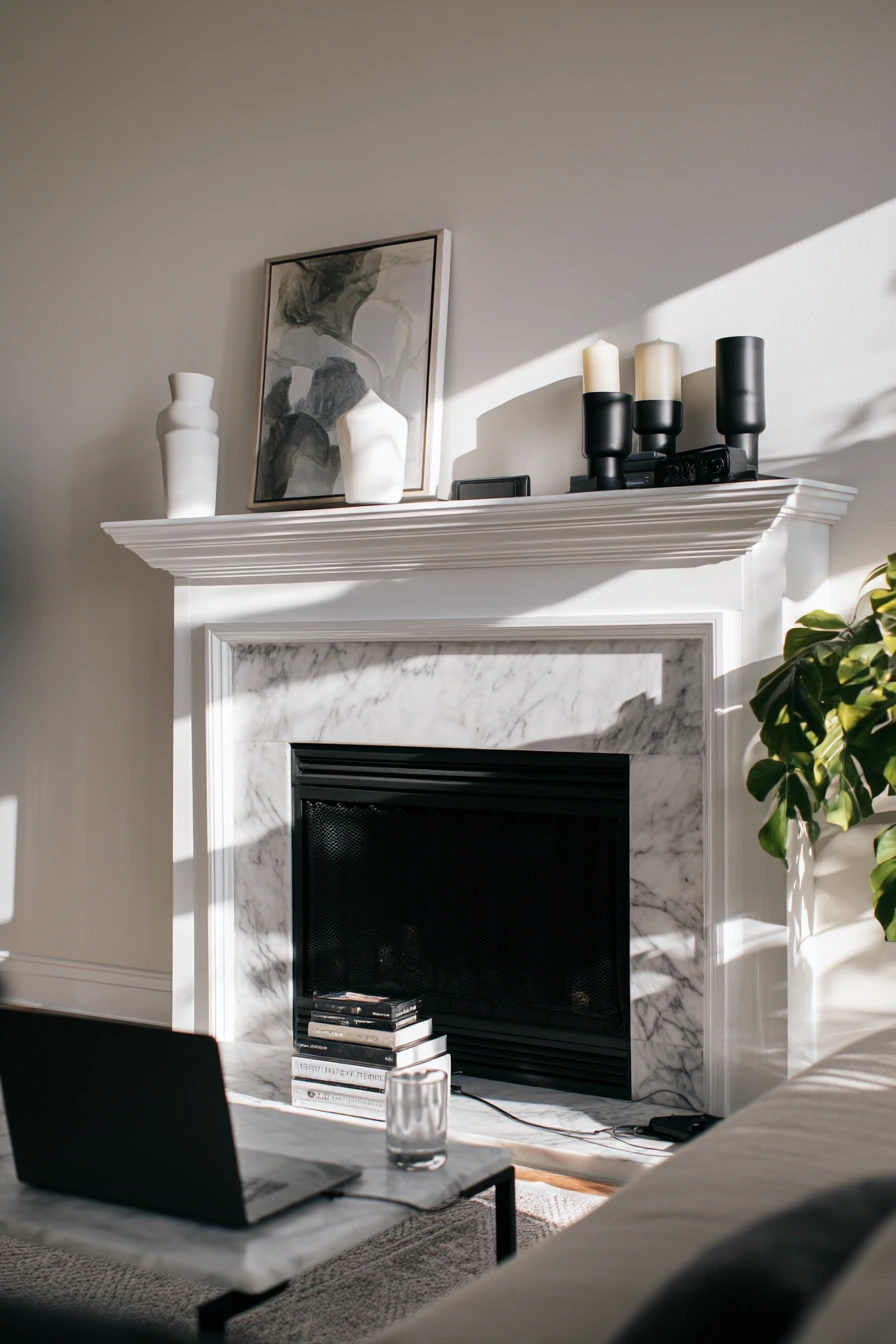 black and white mantel decor ideas 26