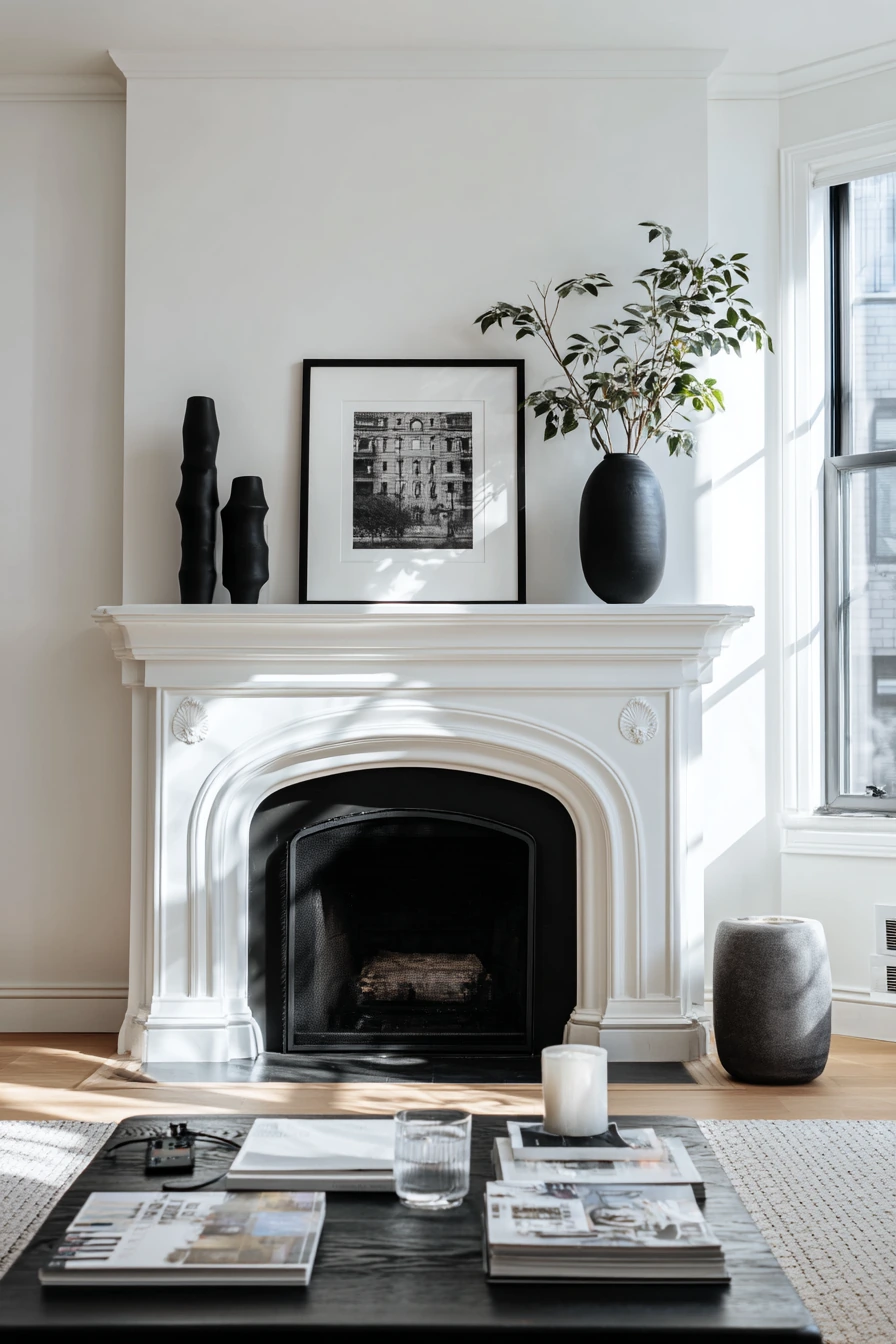 black and white mantel decor ideas 34