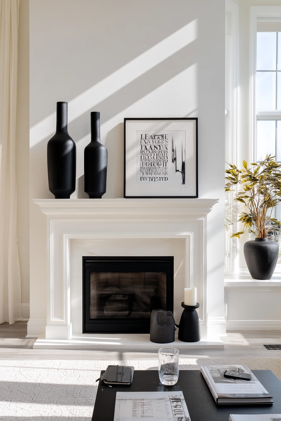 black and white mantel decor ideas 36