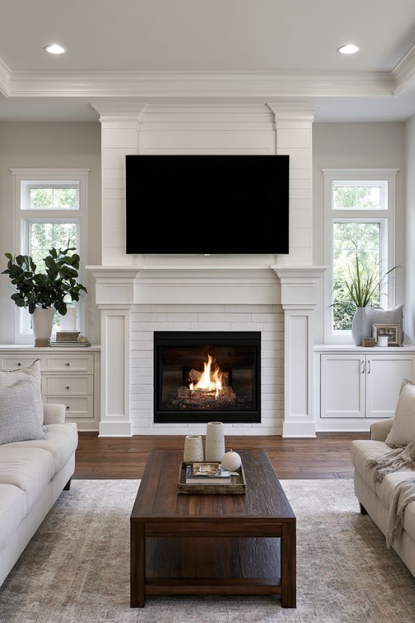 tv above fireplace layout ideas 37